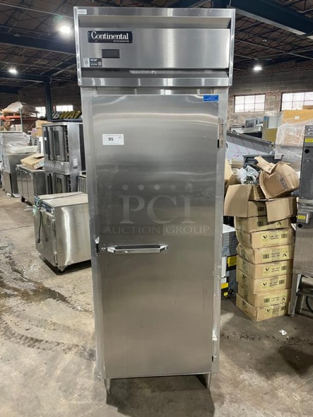 Continental Commercial Stainless Steel Single Door Pass-Thru Refrigerator, Model DL1REPT, with built-in pan slide, on legs.