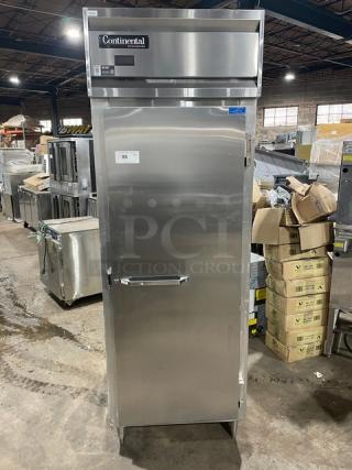 Continental Commercial Stainless Steel Single Door Pass-Thru Refrigerator, Model DL1REPT, with built-in pan slide, on legs.