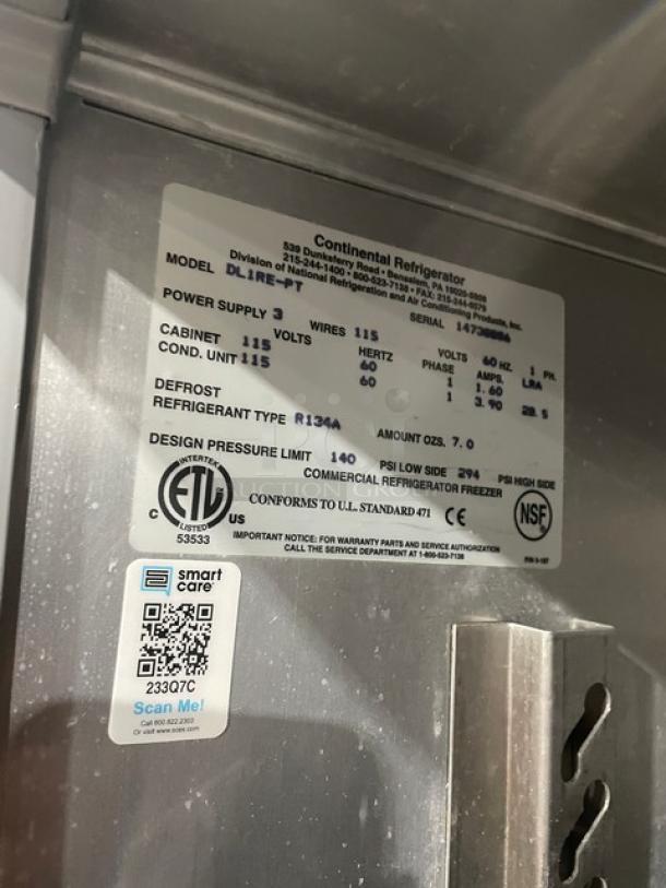 Continental Commercial Stainless Steel Refrigerator, Model DL1REPT, single door, pass-thru, pan slide, 115V, on legs.