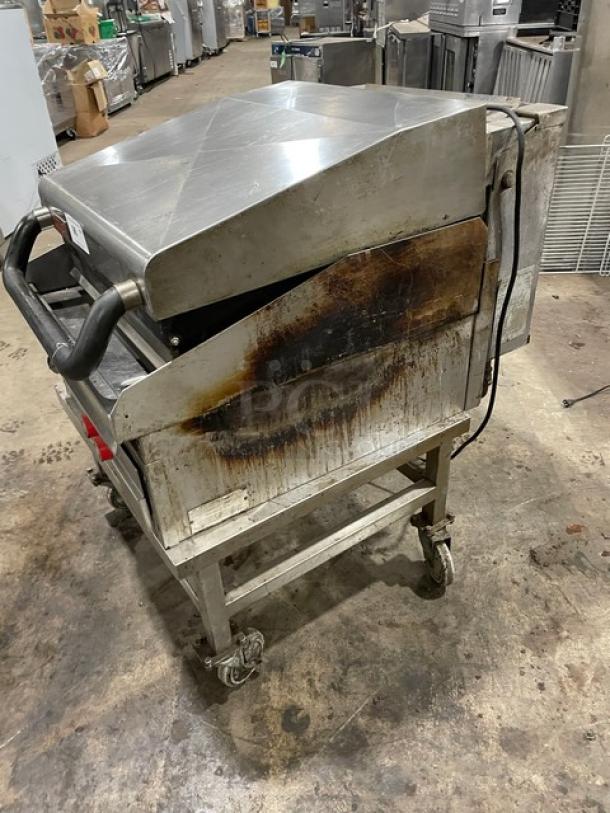 Lang Commercial Stainless Steel Infrared Clamshell Griddle, Model 224TH-NATMG, with equipment stand, on casters. Signs of wear.