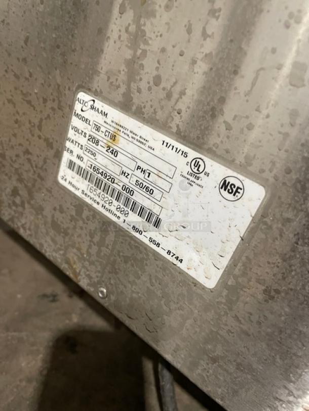 Alto-Shaam 750-CTUS hot food holding cabinet label, showing model, voltage 208-240V, 1 phase, and serial number 1654920-000.