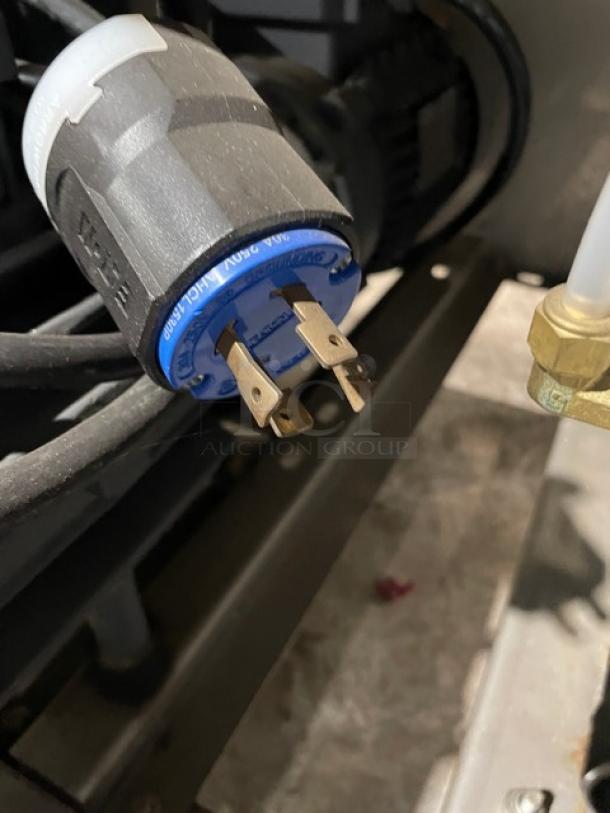 Promax commercial stainless steel electric vacuum tray sealer power plug, showing prongs and labels for 250V, 30A connection.