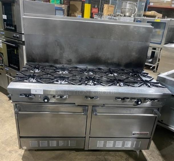 Garland commercial stainless steel gas 10-burner range with double oven, backsplash, wired oven rack, and casters.