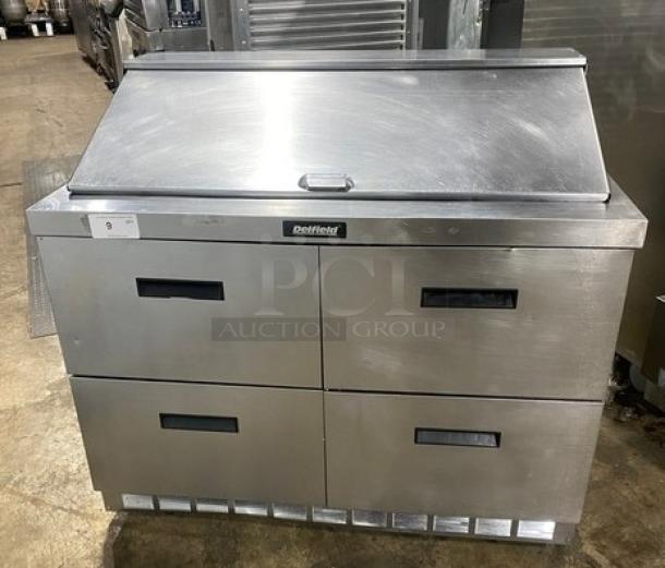 Delfield 4-drawer refrigerated prep table, Model D4448N-18M, stainless steel, Bain Marie style, excellent condition.