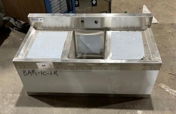 Prepline stainless steel underbar sink, model BAR-1C-LR, with side drain boards, 3" backsplash, minor scratches.