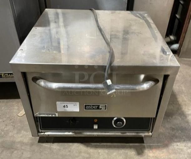 Asber AEPO Series stainless steel electric countertop pizza deck oven, 220-240V, with handle and control knob, on legs.