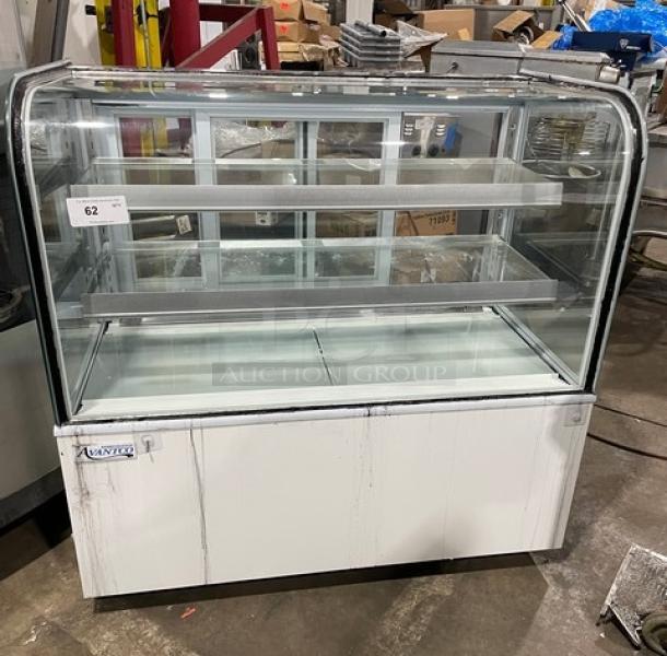 Avantco 48" curved glass refrigerated bakery display, model 193BC48HCW, with adjustable shelving and rear sliding doors.