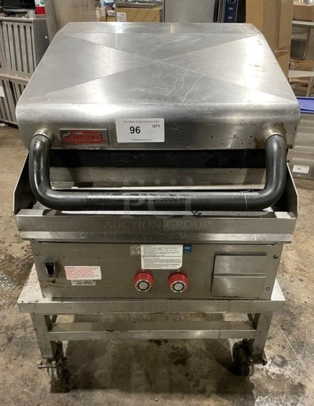 Lang 224TH-NATMG stainless steel natural gas clamshell griddle on caster cart. Infrared, good condition, visible controls, labels.