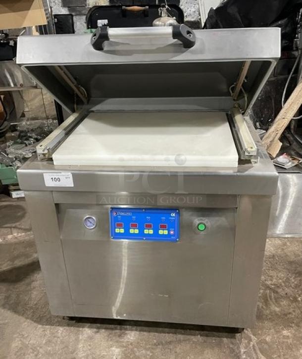 Promax stainless steel vacuum tray sealer with digital controls, single chamber, on casters; used condition.