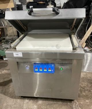 Promax stainless steel vacuum tray sealer with digital controls, single chamber, on casters; used condition.