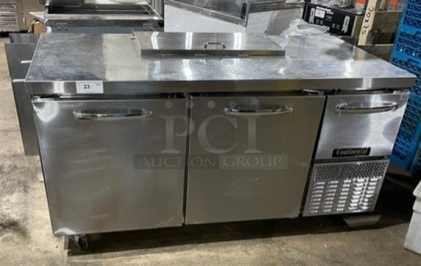 Continental Commercial Stainless Steel Prep Table, Model RA68NB, 2-1/2 doors, poly-coated rack, 115V, on casters, used condition.