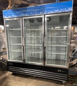 Spartan SGM72RS commercial reach-in refrigerator, triple glass swing doors, black powder coated, poly wire racks, on casters.