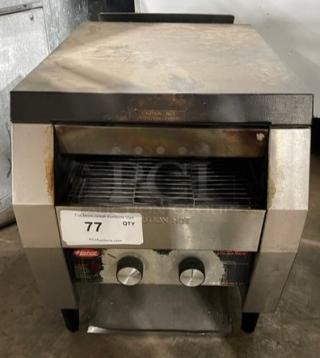 Hatco Toast-Qwik TQ-20BA commercial conveyor toaster, stainless steel, electric, 208V, on legs, used condition, model label visible.