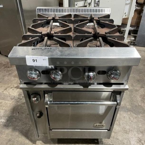 Jade Range JBR424 stainless steel 4-burner gas range/oven combo, includes wired oven rack, model JBR424, SN: 0000048816VL, on legs.