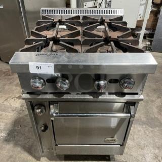 Jade Range JBR424 stainless steel 4-burner gas range/oven combo, includes wired oven rack, model JBR424, SN: 0000048816VL, on legs.