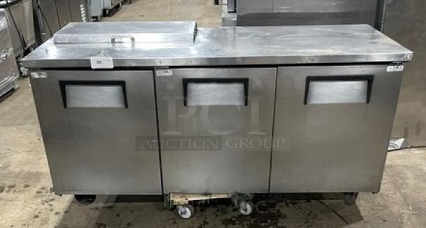 True TSSU-72-08 stainless steel 3-door salad/sandwich prep table with poly-coated wired rack, 72 inches, used, Model: TSSU7208.