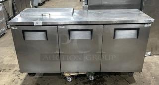 True TSSU-72-08 stainless steel 3-door salad/sandwich prep table with poly-coated wired rack, 72 inches, used, Model: TSSU7208.