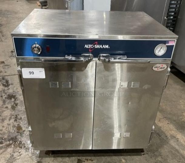 Alto-Shaam 750-CTUS stainless steel 2-door hot food holding cabinet, model 750-CTUS, 208-240V, on casters, good condition.