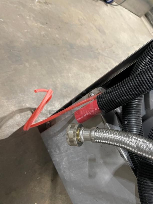 Hobart LXEH dishwasher connections, featuring stainless steel hoses and wires. Model: LXEH, SN: 23-1147-931.