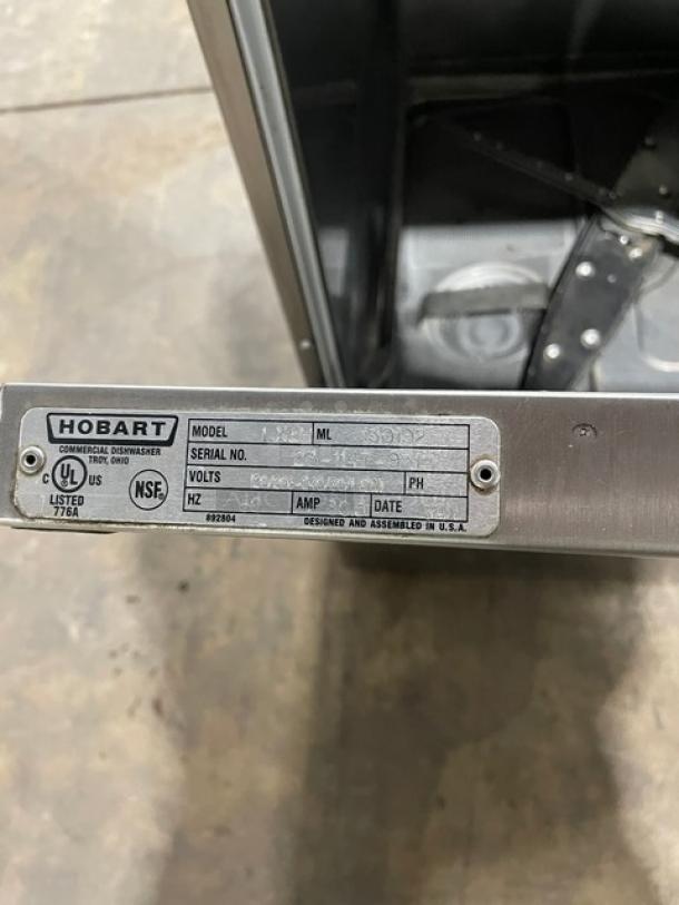 Hobart LXEH stainless steel undercounter high-temp dishwasher, Energy Star certified, model LXEH, serial 23-1147-931.