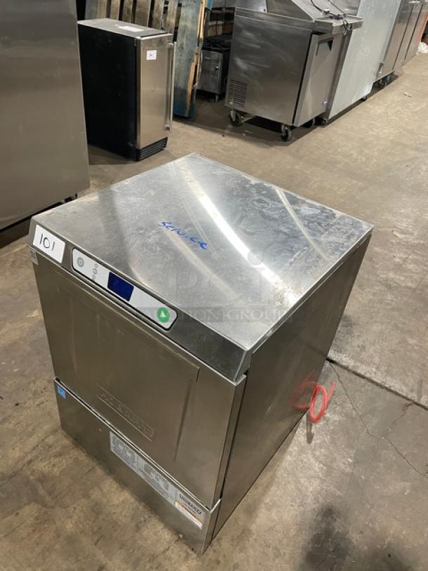 Hobart LXEH stainless steel undercounter high-temp dishwasher, Energy Star certified, model LXEH SN 23-1147-931, 120/208-240V.