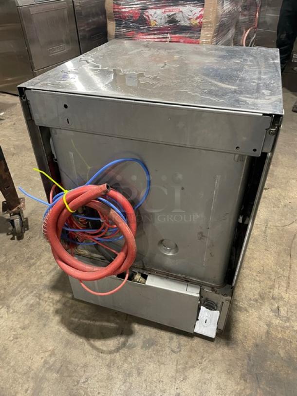 Hobart LXEH stainless steel undercounter dishwasher, Energy Star certified, showing electrical cords, new body style.