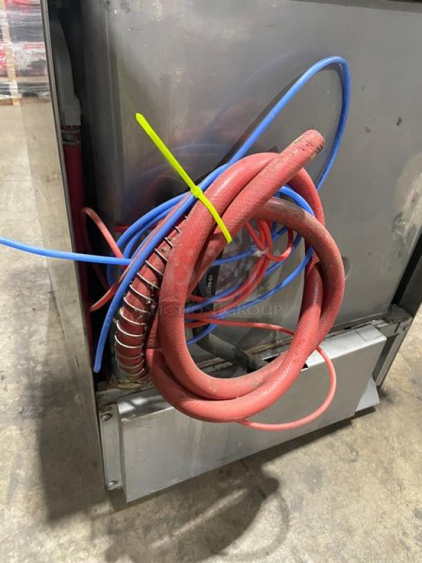 Hobart LXEH commercial dishwasher with cables visible, stainless steel body, Energy Star certified, high-temperature model.