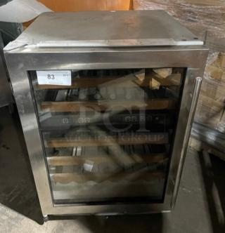 Sub-Zero Model 424 stainless steel single glass door wine cooler, dual zone, single section, showing wooden shelves, 115V 1 Phase.