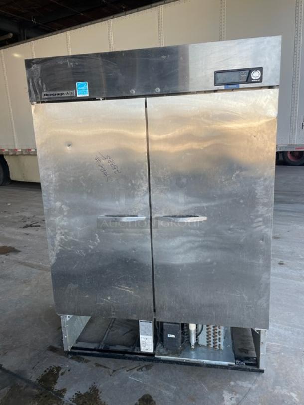 Beverage-Air KF48-1AS commercial stainless steel 2-door freezer with poly-coated racks. Energy Star certified. Model SN: 9027521.
