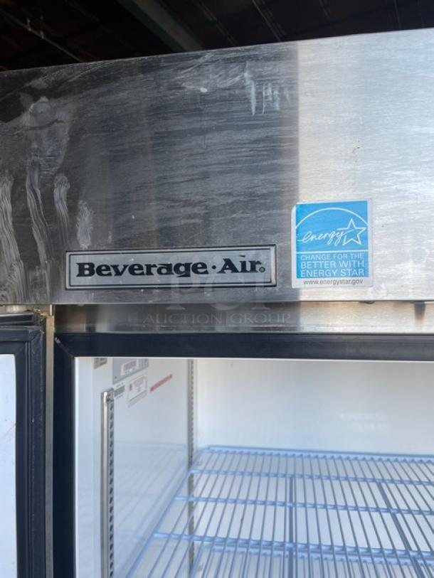 Beverage-Air stainless steel 2-door freezer, model KF48-1AS, Energy Star certified, with poly-coated wired rack, clean interior.