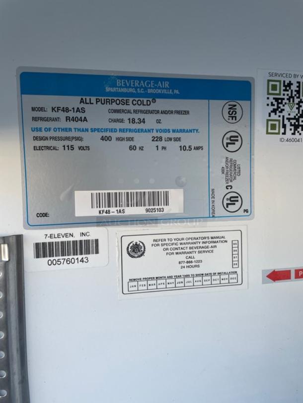 Beverage-Air KF48-1AS commercial stainless steel 2-door refrigerator, Energy Star certified, poly coated rack, model tag visible.