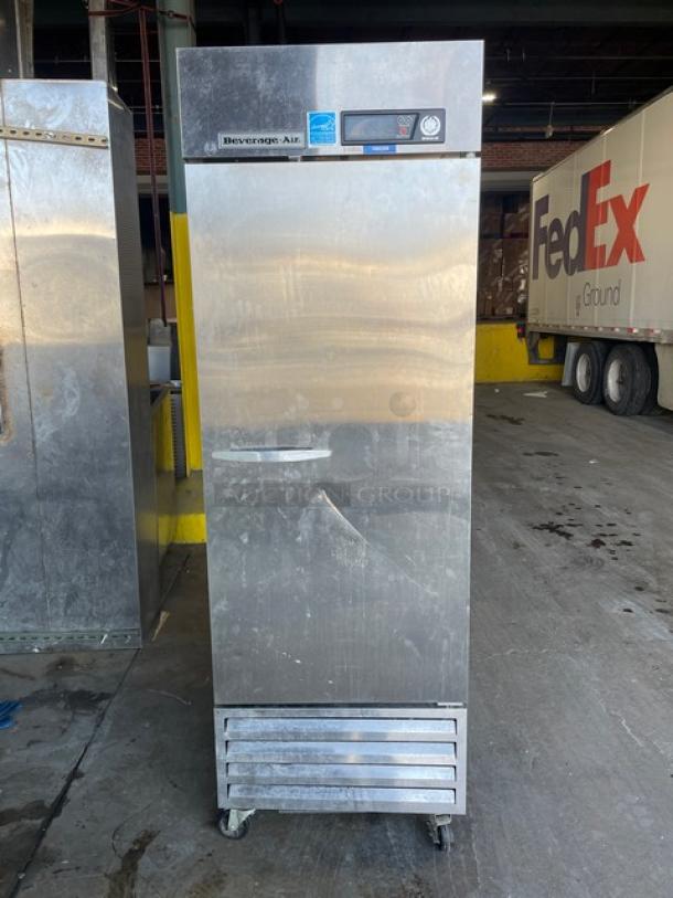 Beverage-Air KF241AS stainless steel single door freezer, Energy Star certified, on casters with poly coated rack.
