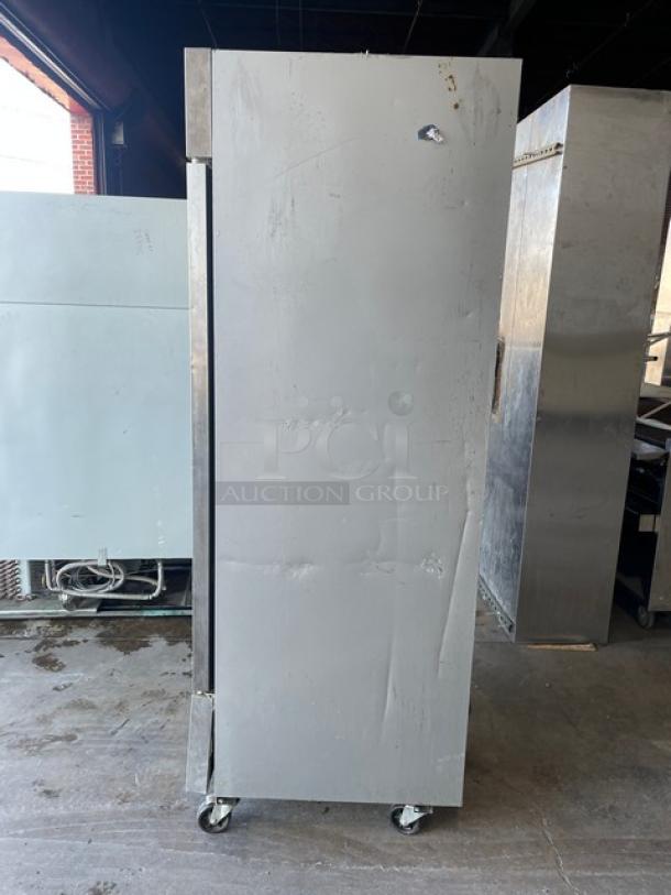 Beverage-Air KF24-1AS commercial stainless steel reach-in freezer, Energy Star certified, on casters, with poly coated rack.