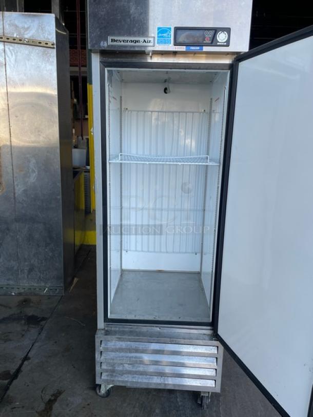 Beverage-Air stainless steel single door freezer, model KF24-1AS, Energy Star certified, poly coated rack, on casters.