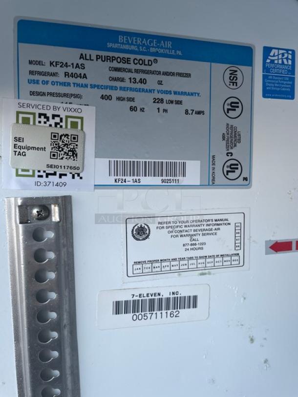 Beverage-Air KF24-1AS commercial stainless steel freezer label, Energy Star certified, 115V 1 phase, serial number 9025111.