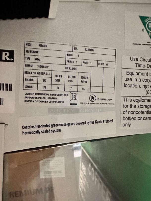 Beverage-Air MB13US open air merchandiser label. Model MB13US, 115V, R404A refrigerant, UL listed. Excellent condition.