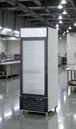 Pristine Supera G1M-16-B-1 commercial upright glass door refrigerator, 115V, tested, pristine condition, fully functional.