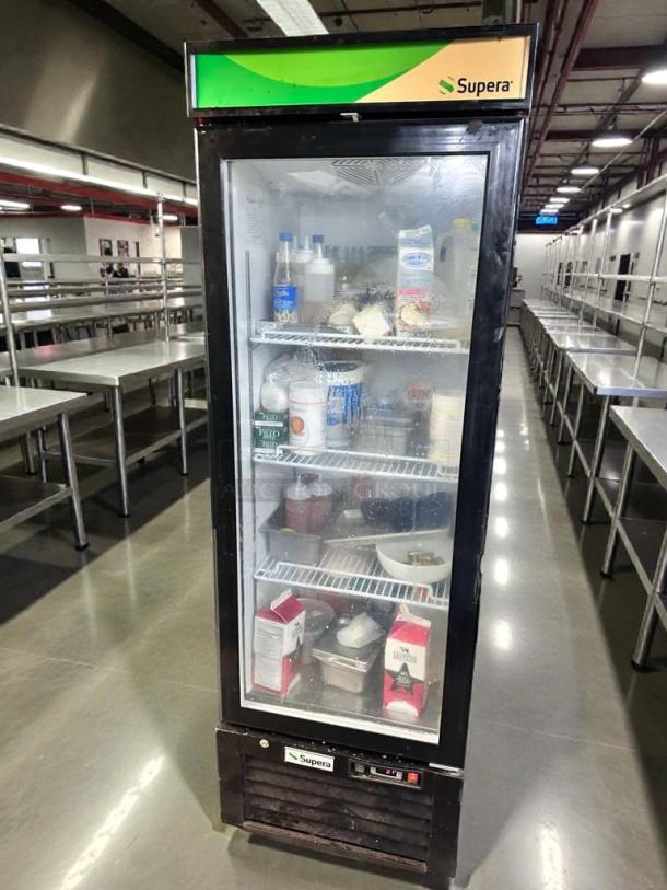Supera G1M-16-B-1 commercial upright glass door refrigerator, pristine condition, 115V, tested and fully working.