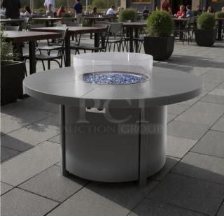 Pristine round gas fire pit table, Outdoor Living, for natural gas/propane. Excellent condition, glass shield, inspected.