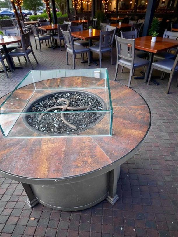Pristine round gas fire pit table by Outdoor Living. Features metal design with glass guard, compatible with natural gas/propane. Fully inspected.