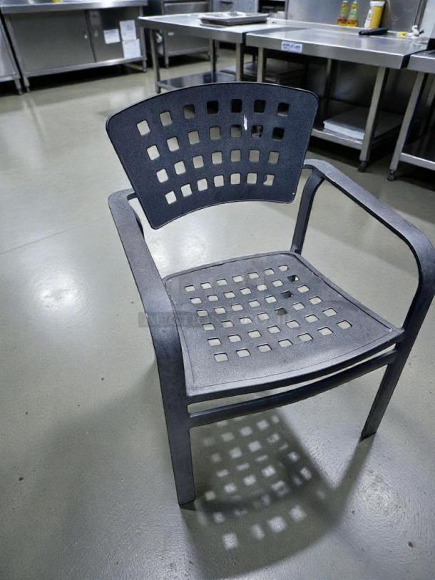 Set of six commercial metal patio arm chairs, heavy-duty, outstanding condition, inspected, ready for outdoor use.