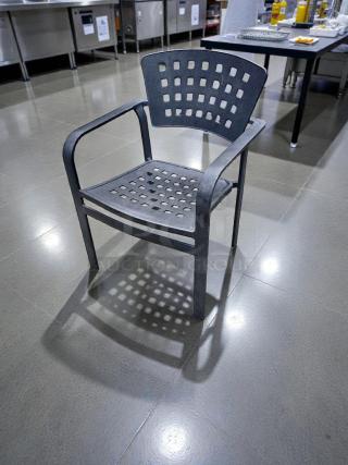 Set of 6 commercial metal patio arm chairs, heavy-duty, outstanding condition, lattice design, inspected and ready for use.