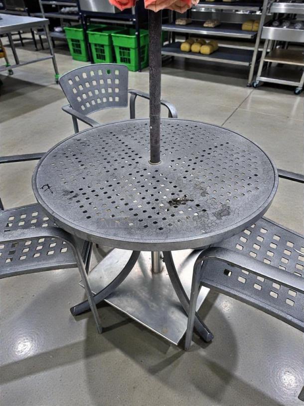 (x4) Pristine round metal patio tables, umbrella-ready, commercial-grade, fully inspected. Ideal for outdoor dining.
