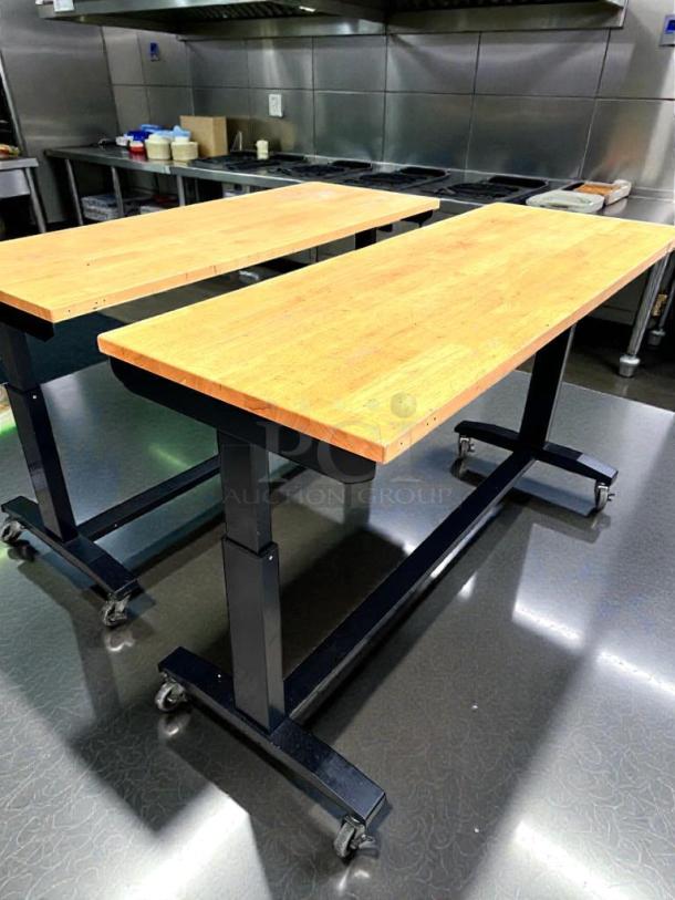 (x4) Commercial wood prep/work tables on wheels, heavy-duty, inspected, excellent condition, ready to use.