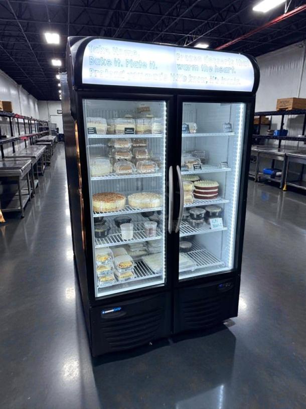 Minus Forty dual glass door commercial display refrigerator, LED lit, model 43-UDGF-X1-1C000-BK-8SHELF, superb condition.