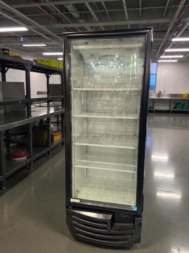 Imbera G319 glass door merchandiser refrigerator in prime condition; features commercial design, tested and working.