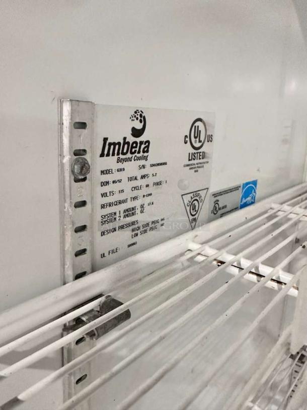 Imbera G319 Commercial Glass Door Merchandiser Refrigerator in prime condition; includes UL listing label and specs.