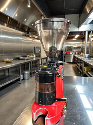 Premium commercial coffee grinder, red and black, with clear bean hopper; 120V, fully tested, working condition.