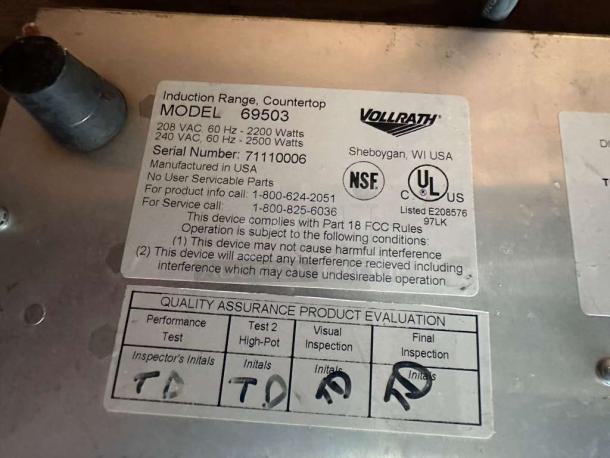Vollrath 69503 induction range label, showing model, voltage (208/240V), and NSF/UL certifications. Made in USA.