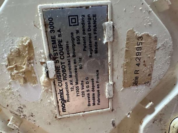 Magimix Cuisine Système 3000 food processor label, shows Model 120V, 650W, made in France, series R 429953.